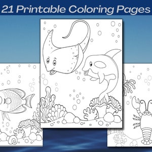 May include: Black and white colouring pages featuring a stingray, a dolphin, a fish, a lobster, and coral.  These printable colouring pages are perfect for children who love the ocean.