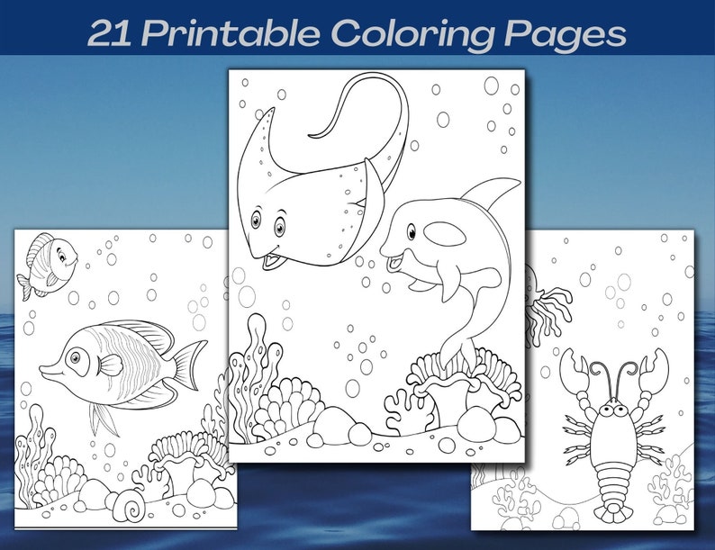 May include: Black and white colouring pages featuring a stingray, a dolphin, a fish, a lobster, and coral.  These printable colouring pages are perfect for children who love the ocean.