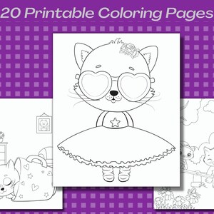 May include: A set of 20 printable coloring pages featuring cute cats in various poses. The pages include a cat wearing heart-shaped sunglasses, a cat sleeping in a bag, and two cats on a seesaw.