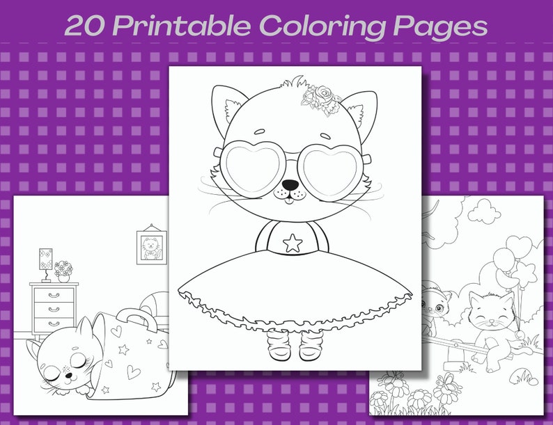 May include: A set of 20 printable coloring pages featuring cute cats in various poses. The pages include a cat wearing heart-shaped sunglasses, a cat sleeping in a bag, and two cats on a seesaw.
