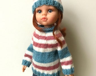Doll Knitting Pattern for 13 inch Slim-body Dolls Striped Jumper and Hat fits Paola Reina