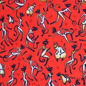 May include: A red fabric with a repeating pattern of black and white stylised figures. The figures are dancing and have tails. The background is a solid red.