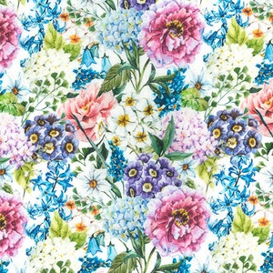 John Louden 100% Cotton Fabric - Digitally Printed - Flowers Pink/Blue/Purple/White