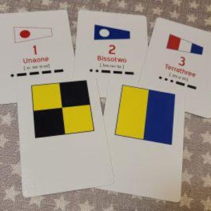 Puede incluir: Cinco cartas con banderas y números de diferentes colores. Las banderas son roja, blanca y azul, amarilla y negra, y amarilla y azul. Los números son 1, 2 y 3. Las cartas también tienen las palabras "Unaone", "Bissolwo" y "Terrathree" en ellas.