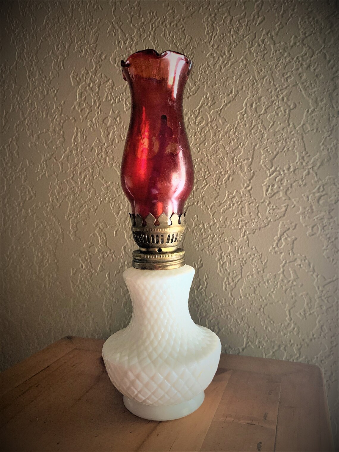Vintage Miniature Oil Lamp Milk Glass Base Red Glass Globe Etsy