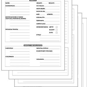 Puede incluir: Una pila de hojas de trabajo blancas para el desarrollo de personajes. Cada hoja presenta secciones para completar los detalles del personaje, como el nombre, los rasgos físicos y la información familiar. La hoja superior muestra el título "CHARACTER DEVELOPMENT WORKSHEET".