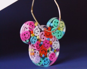Cerceaux de souris Happy Face | Créoles dorées en forme de cœur avec breloque Mickey confetti smiley