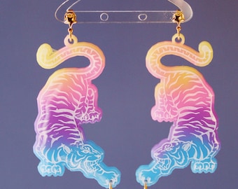 Lisa Frank inspired Tiger post earrings with moonstone | colorful statement earrings