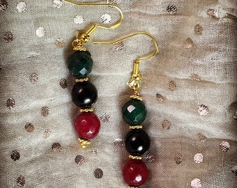 Green Jade, Ruby and black stone earrings with gold vermeil accents, Kwanzaa, holiday