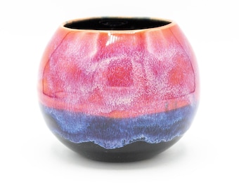 Small plant pot in layered glazes, pink, blue and black