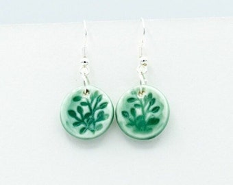 Porcelain, Small Round Drop Earrings with a textured pattern and Jade glaze