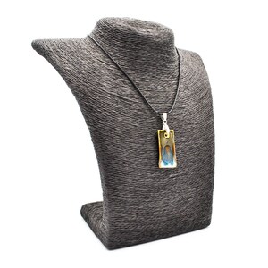 Op de afbeelding: Een zwarte ketting met een rechthoekige hanger gemaakt van bruin, blauw en goudkleurig hars. De hanger hangt aan een zwart koord en is bevestigd aan een zilveren beugel.