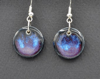 Porcelain, Small Round Drop Earrings - Black, blue and purple glazes