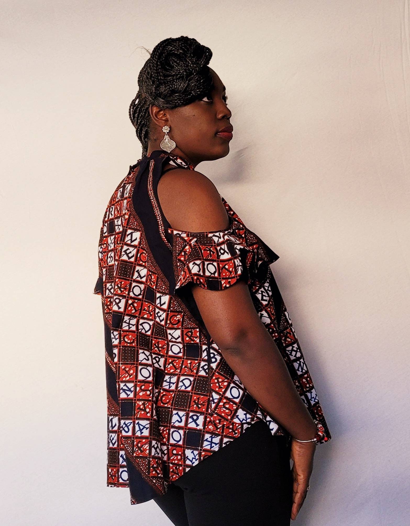 Unyòaba African Print Cold-shoulder Sleeve and High Neck Flared
