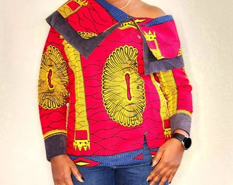 Omanyo African Print One-Sided Cold Shoulder, Shawl Collar Long Sleeve Blouse for Women and Girls