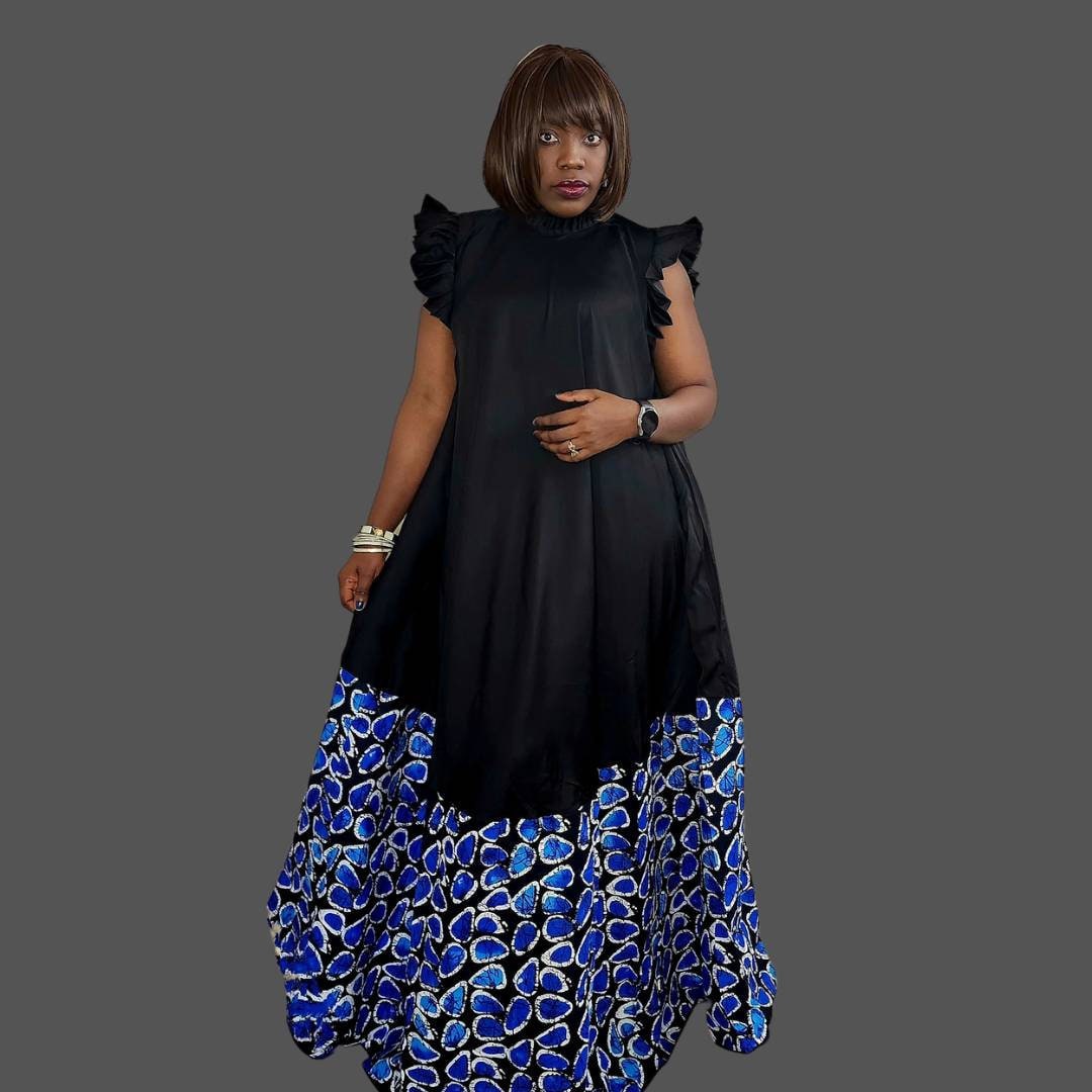 Ajifa Black Maxi Long Dress, African Print and Plain Fabric Combo