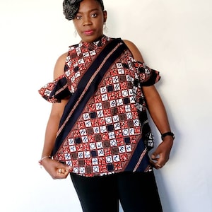 Unyòaba African Print Cold-Shoulder Sleeve and High Neck Flared Blouse for Women and Girls, Ankara blouse, African dress blouse for women