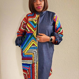 Amichi African Print and Jeans Combo Zip-down Shirt Dress/Jacket, Women Outfit, Ankara Short Gown, Summer Dress, Mother&#39;s Day Gift