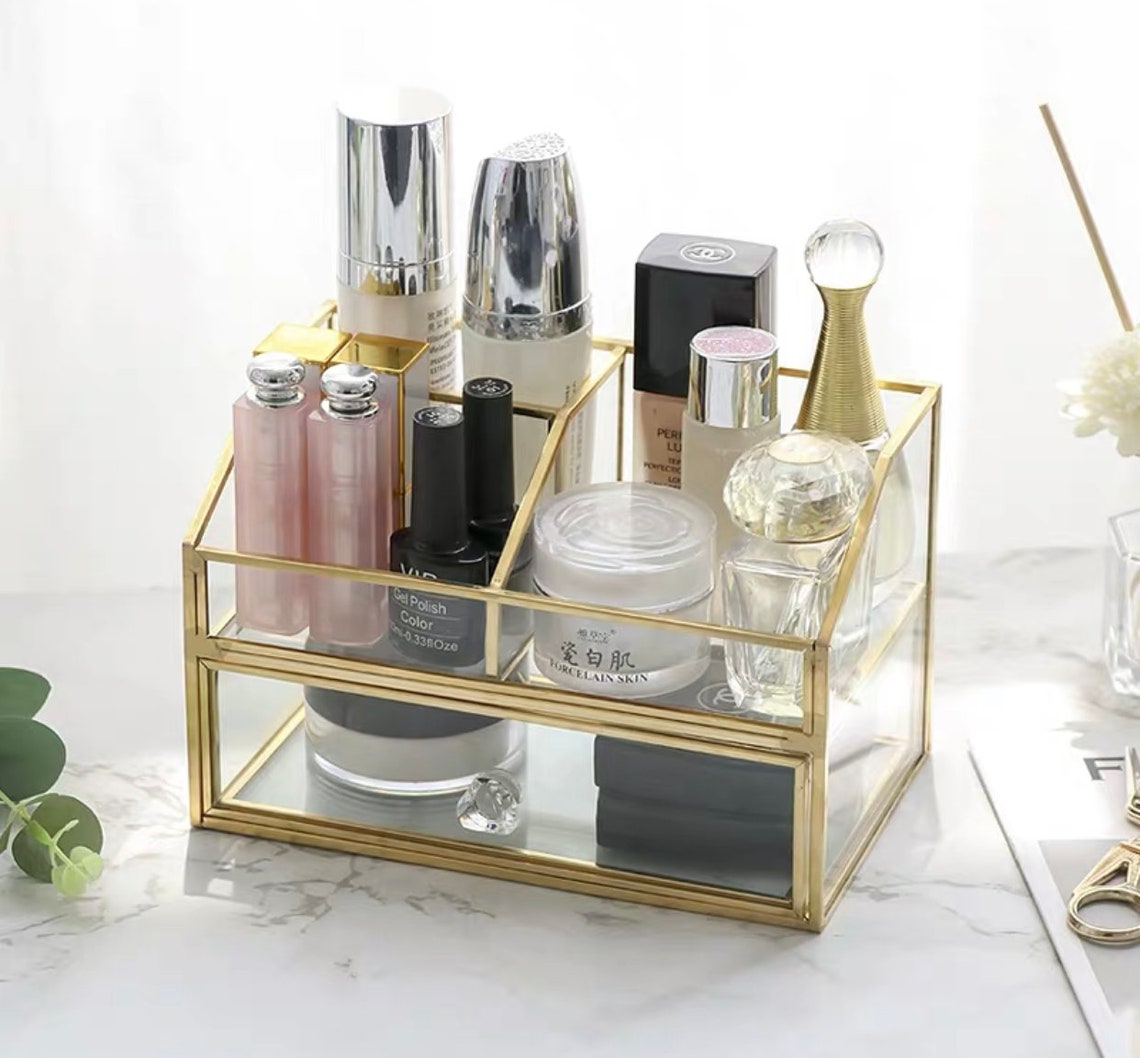 Glass Cosmetics Display Box Elegant Makeup Organiser Desk | Etsy