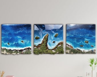 Resin Sea Wall Art: Moss, Stones, Ocean Waves Seascape