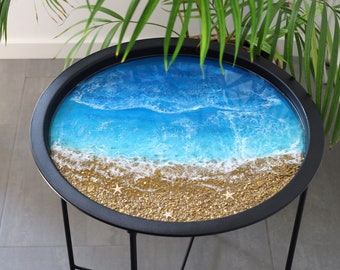 Ocean Wave Epoxy Resin Coffee Table: Handmade Beach Art Side Table