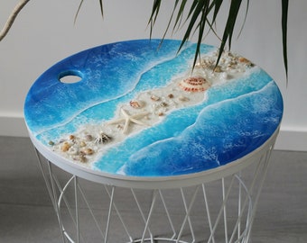 Resin Beach Coffee Table: Coastal Ocean Art, Shells & Starfish (15" Round)