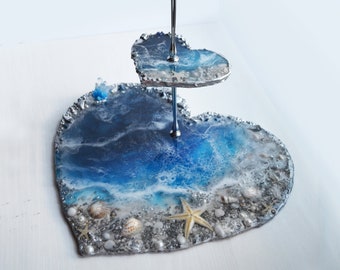 Epoxy Resin Sea Heart Tiered Stand: Nautical Home Decor Tray