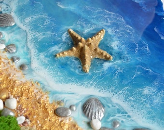 Seascape Resin Painting: Custom Beach Wall Art with Seashells