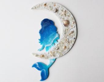 Resin Mermaid Moon Art: Ocean Seascape Wall Decor