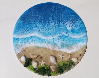 丸型エポキシ樹脂ビーチウォールアート：貝殻を使った手作りの海景