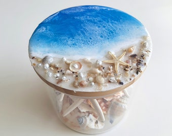 Epoxy Resin Beach Art Glass Jar: Coastal Kitchen Storage