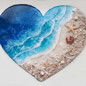Epoxy Resin Sea Heart, Resin Beach Love Art, Epoxy Beach Painting, Epoxy Heart, Resin Art Sea, Beach Decor, Seascape, Resin Ocean Wall Art