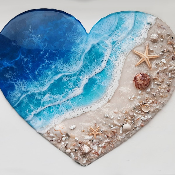 Coeur de mer en résine époxy, Art amour de plage en résine, peinture de plage époxy, coeur époxy, mer d'art en résine, décoration de plage, paysage marin, art mural océan en résine