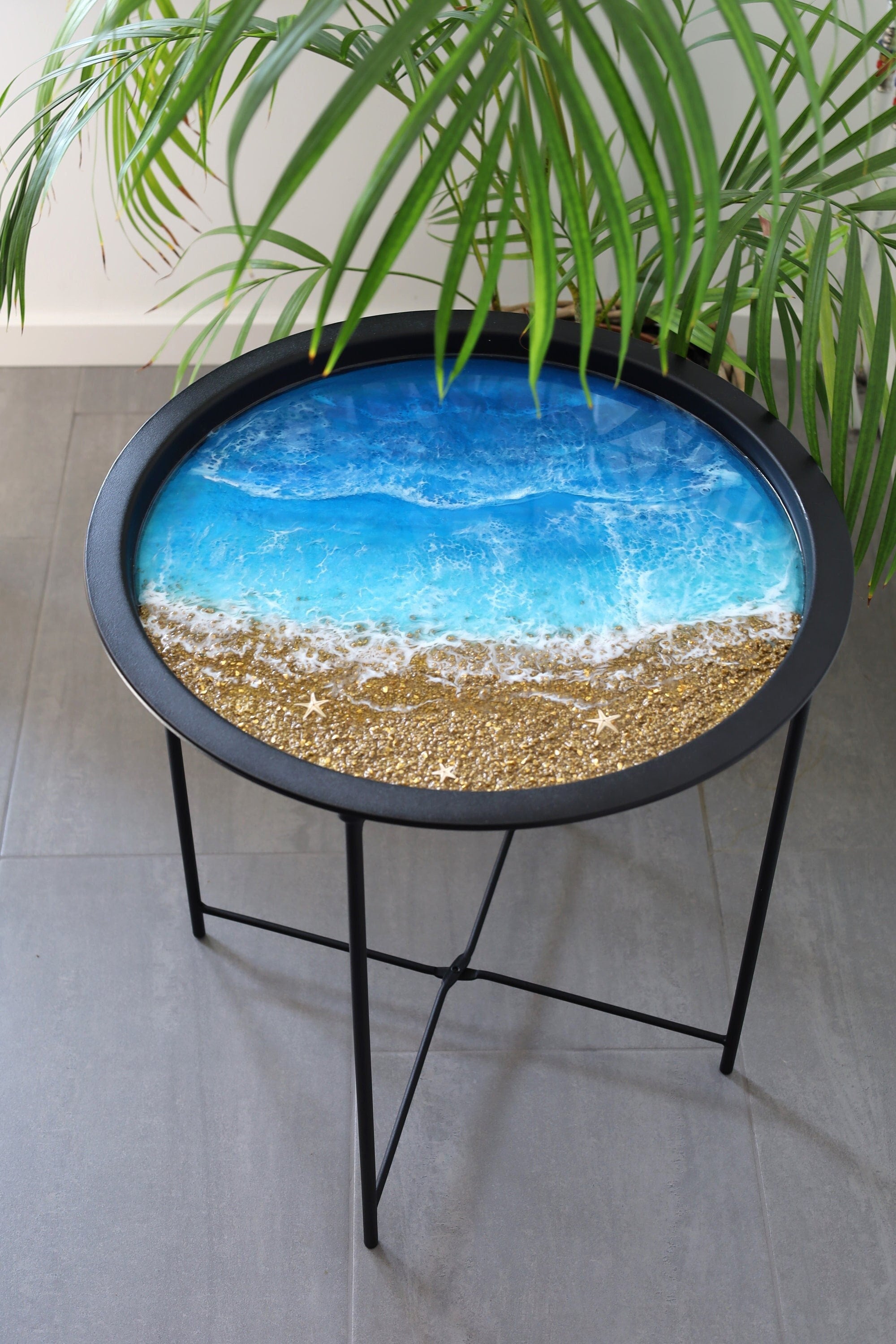 Ocean Wave Epoxy Resin Coffee Table: Handmade Beach Art Side Table