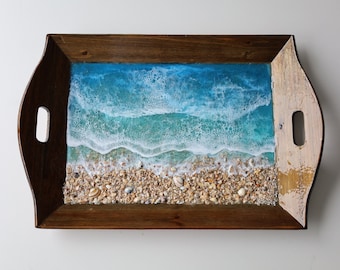 Resin Ocean Tray: Wooden Beach Art Serving Tray with Handles