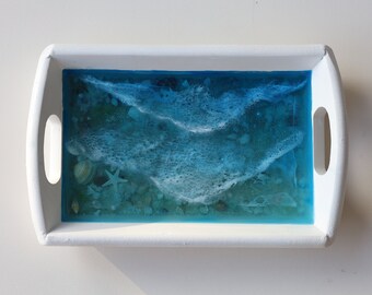 Resin Beach Art Tray: Seashell Starfish Trinket Tray (8.2x5.5x1.6")