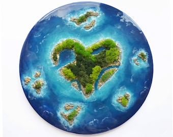 Epoxy Resin Ocean Heart Island Painting: 3D Seascape Coastal Art