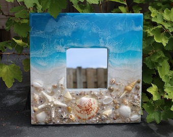 Resin Beach Art Mirror: Handmade Coastal Seascape Wall Decor
