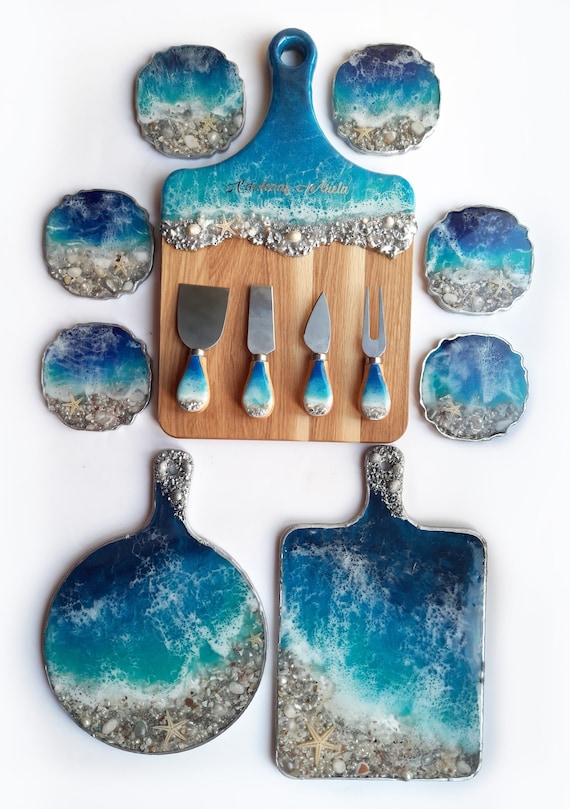 Handmade Resin Beach Coaster Set – Ocean Wave Design (Set of  Resin beach set coaster display picture 1
