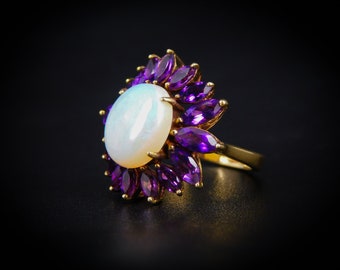 Darling Amethyst and Opal Flower Ring in 14K Gold. Size 6