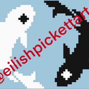 May include: A black and white pixel art image of two fish facing each other. The fish are in a yin yang design, with the black fish on the right and the white fish on the left. The fish have a black and white eye in the center of their bodies. The image is on a light blue background. The text '@eilishpickettart' is written diagonally across the image in red.