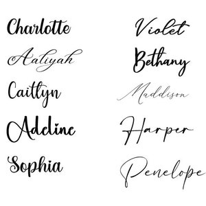 May include: Ten names written in a cursive script, such as "Charlotte", "Aaliyah", and "Caitlyn". The names are in black ink on a white background. Other names include "Violet", "Bethany", "Maddison", "Harper", and "Penelope".