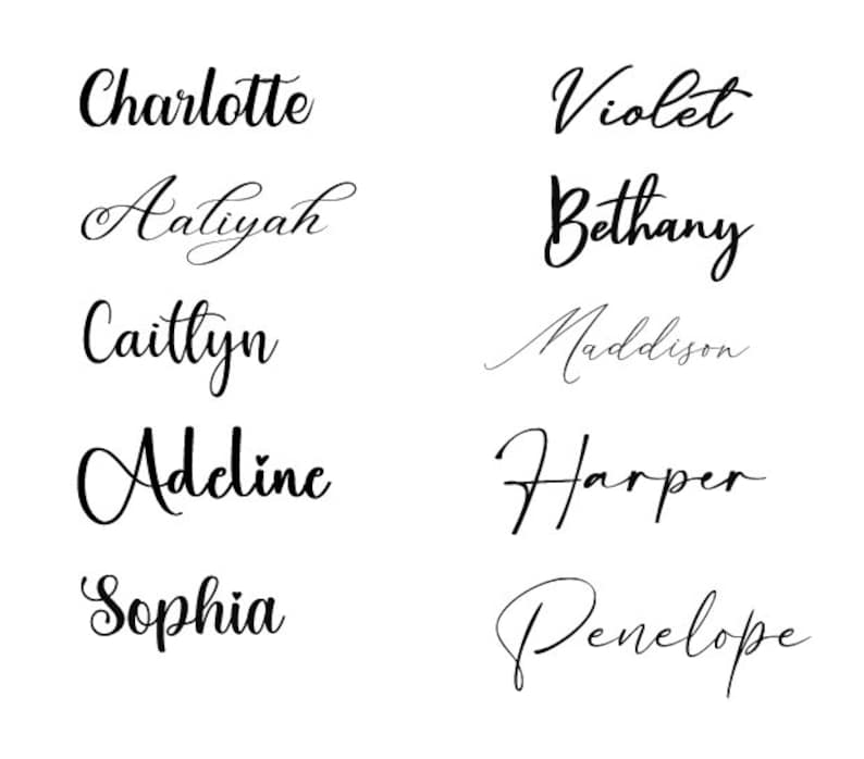 May include: Ten names written in a cursive script, such as "Charlotte", "Aaliyah", and "Caitlyn". The names are in black ink on a white background. Other names include "Violet", "Bethany", "Maddison", "Harper", and "Penelope".