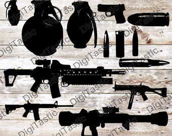 Armas, Armas, Ammo BUNDLE Descarga instantánea de PNG y descarga SVG, diseño de circuito de archivos digitales, 5 armas, 5 balas, 3 granadas incluidas