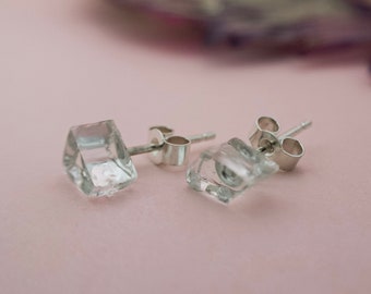 Tiny Recycled Silver Earrings with Upcycled Clear Glass| Sustainable Chic Jewellery | Dainty Eco-Friendly Stud Jewellery