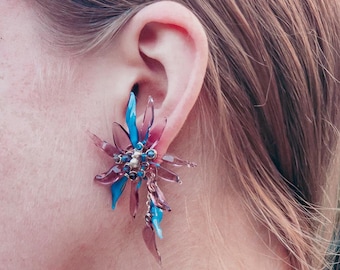 Whimsical Earrings | Sterling Silver | Bold Floral Statement Jewellery | Pale lilac And Blue Glass Petals