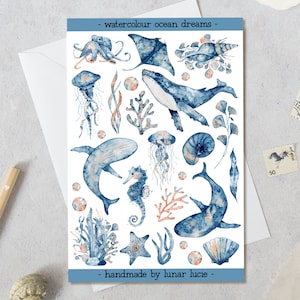 Watercolour Ocean Sea Decor Stickers | Whales, Octopus, Stingray, Jellyfish, Shells Stickers | Planner, Bullet Journal & Scrapbook Stickers