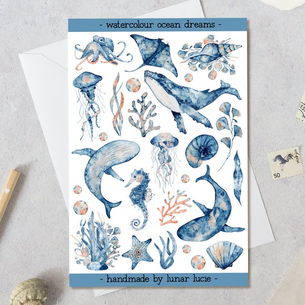 Stickers décoratifs aquarelle océan mer | Stickers baleines, pieuvres, raies, méduses, coquillages | Agenda, Bullet Journal et stickers pour scrapbooking