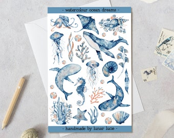 Watercolour Ocean Sea Decor Stickers | Whales, Octopus, Stingray, Jellyfish, Shells Stickers | Planner, Bullet Journal & Scrapbook Stickers