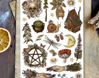 Wiccan Forest Witch Sticker Sheet | Witchy Stationery | Halloween Witch Stickers | Stickers for Journal, Planner, Book of Shadows, Grimoire
